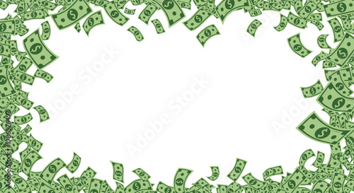 Frame or border made of many falling green dollar bills on a white background for financial success and wealth concepts.