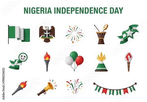 Nigeria Independence Day vector icons set with Nigerian flag and national symbols