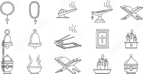 Religious Worship Outline Icon Set with Cross Rosary Candle Incense Book Stand and Spiritual Ritual Elements Illustration