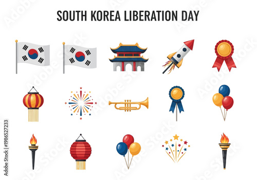 South Korea Liberation Day icons vector - Celebration, Flags, Landmarks, Rockets, Ribbons, Lanterns, Trumpet, Fireworks, Torches