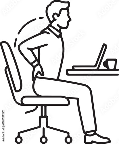 Man sitting at office desk with laptop holding back in pain from bad posture.