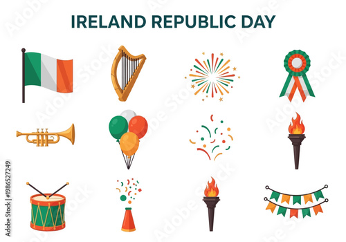 Republic of Ireland National Day Celebration Icons and Symbols Vector Graphics