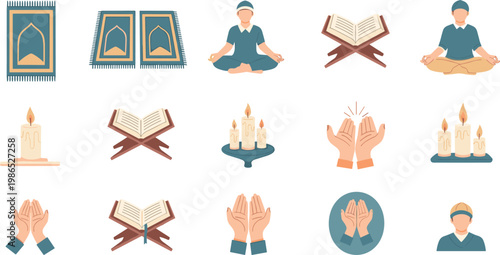 Islamic Prayer and Worship Icon Set with Muslim Man Quran Candle Hands Dua and Religious Elements Illustration Collection