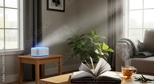 Smart speaker casting soft light on an open book beside a potted plant and coffee mug.