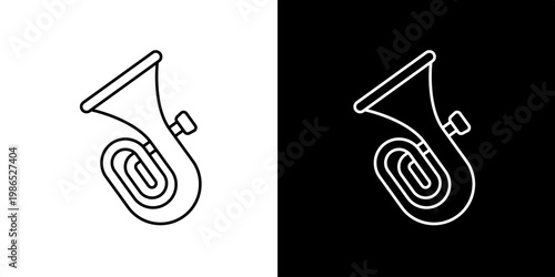 Musical Brass Instrument Icon - A Stylized Line Drawing of a Tuba or Euphonium on White and Black Backgrounds