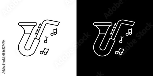 A sleek, modern line art icon illustration of a saxophone with musical notes, presented in both black on white and white on black versions
