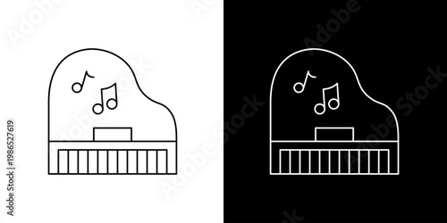 Elegant Grand Piano Illustration with Musical Notes on Black and White Backgrounds, a Sophisticated Musical Icon