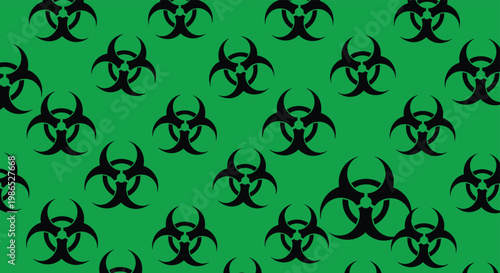 Biohazard warning signs repeating in a seamless pattern over a green background representing danger and biological contamination risks.