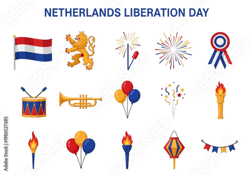 Netherlands Liberation Day vector set with flag, lion, fireworks, drum, trumpet, balloons, torch, lantern and garland