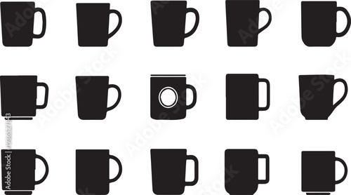 Collection of Black Silhouette Coffee Mugs and Tea Cups on White Background drink