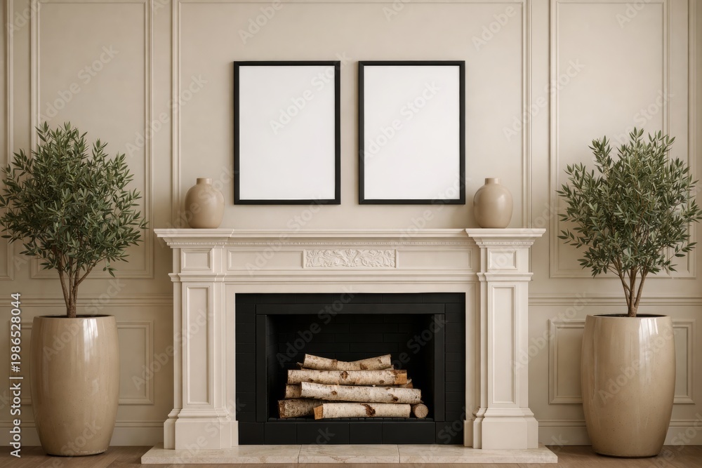 Obraz premium Elegant interior fireplace wall mockup in classic livingroom. Ai generative