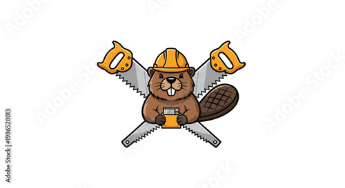 Cartoon beaver wearing a yellow hard hat and holding a wood block in front of crossed hand saws in a professional mascot logo style.