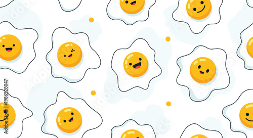 Cheerful seamless pattern featuring fried eggs with cute smiling faces on a white background decorated with blue and yellow soft shapes.