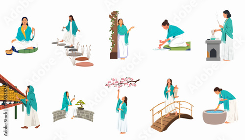Collection of vector illustrations featuring a woman practicing mindfulness, meditation, and spiritual rituals in various peaceful settings that reflect Eastern traditions and inner peace.