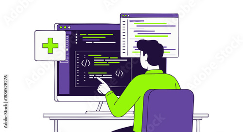 Vector graphic illustration of a software developer coding on a computer with multiple windows.