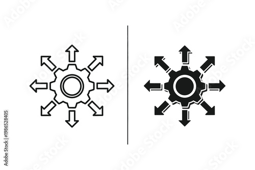 Gear with multiple arrows radiating outward in black and white vector illustration