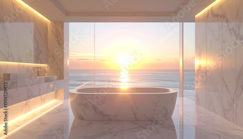 Luxury marble bathtub with ocean view at sunrise in modern spa bathroom