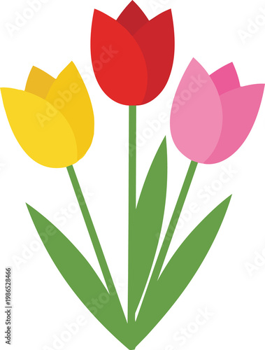 Three stylized tulips illustration in red yellow and pink with green stems and leaves on a black background creating a vibrant floral composition