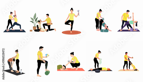 Set of minimalist illustrations showing yoga and wellness instructors assisting students through various poses, stretches, and relaxation techniques.