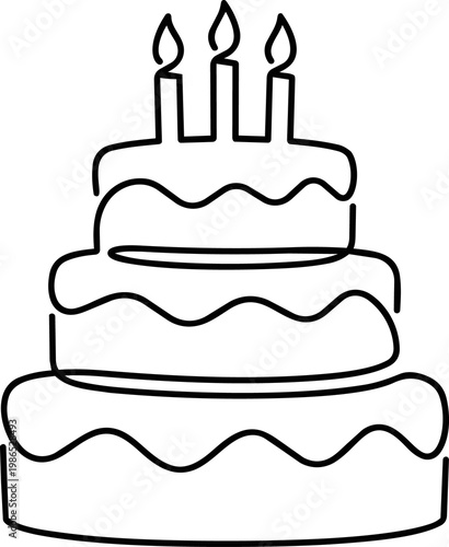 Three-tiered cake with wavy frosting and lit candles outlined in white for celebrations and dessert design assets on an isolated background