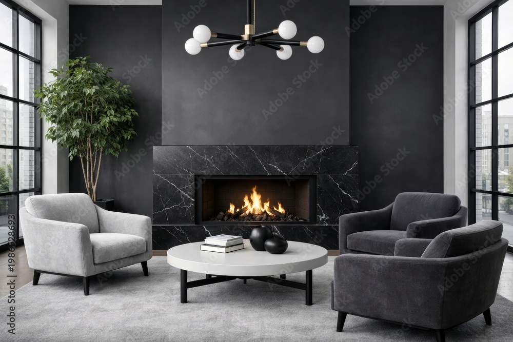 Obraz premium Modern dark living room interior with fireplace and armchairs. Ai generative
