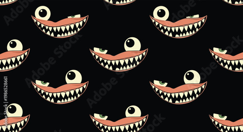Spooky repeating pattern of wide grinning mouths with sharp teeth and one large staring eye on a dark black background for halloween decor.