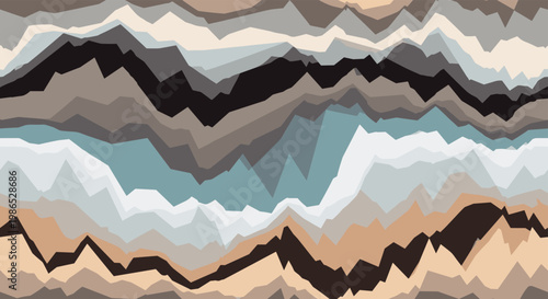 Abstract landscape pattern with jagged horizontal lines in earth tones like brown, gray, and blue resembling layers of earth or mountains.