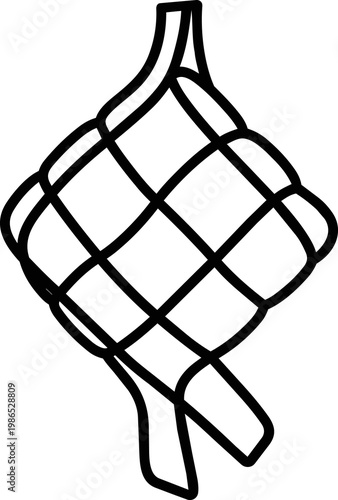 Traditional ketupat outline drawing; woven rice pouch illustration in black and white; festive Southeast Asian cuisine graphic; simple clear vector art