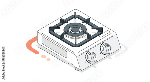 Modern single burner gas stove top in a clean isometric perspective with silver and black metallic details and orange abstract accents.