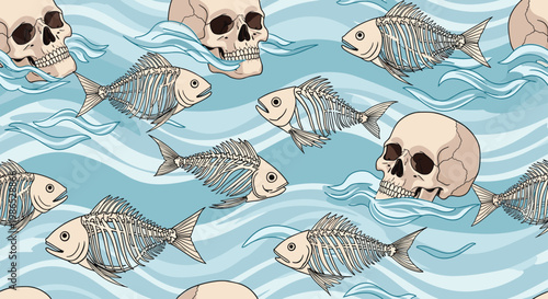 Macabre seamless pattern of human skulls and fish skeletons floating in light blue ocean waves under a bright sunny sky for marine themes.