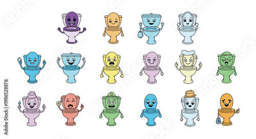 Diverse collection of colorful cartoon toilet characters with various funny facial expressions and accessories like cleaning brushes.