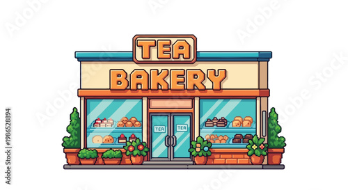 A charming and colorful vector illustration of a storefront called Tea Bakery, featuring large display windows filled with delicious pastries and cakes.