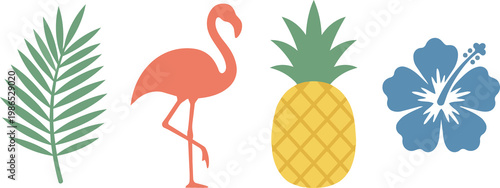 Tropical flamingo standing near a green palm leaf a pineapple and a blue hibiscus flower in a flat design on a black background