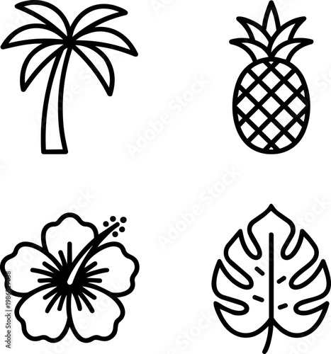 Tropical summer elements vector set: palm tree pineapple hibiscus flower monstera leaf in minimal black outline for design
