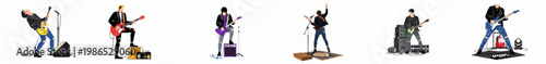 Collection of diverse flat vector illustrations depicting rock musicians playing electric guitars and bass with stage equipment on a white background.