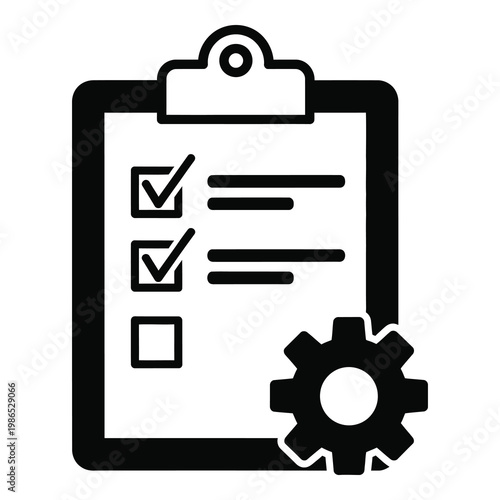 Clipboard with checklist and gear icon for task management and configuration icon