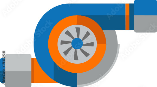 Turbocharger icon vector illustration cartoon turbo engine design element automotive technology concept blue and orange graphic