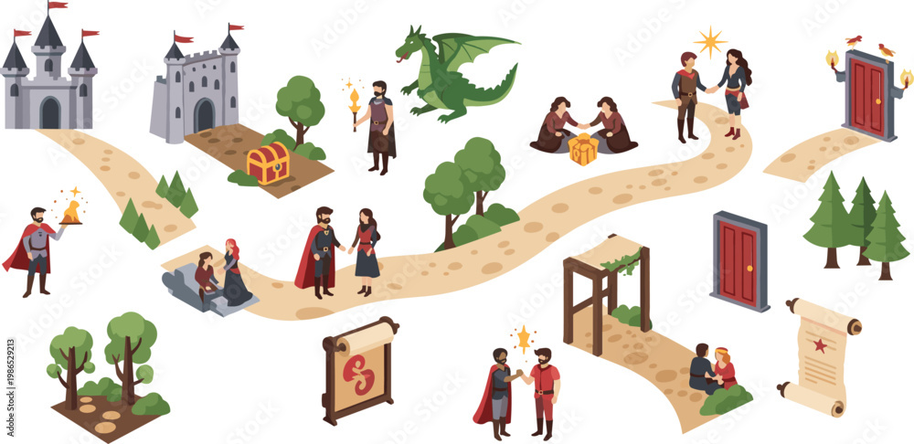 Fototapeta premium Fantasy Adventure Map Elements Set with Castle Dragon Treasure Quest Characters and Medieval Path Cartoon Illustration Collection