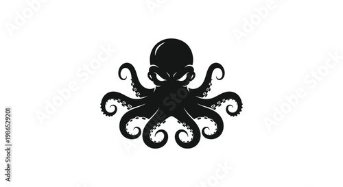 Symmetrical black octopus logo with its tentacles spread out in a stylized design isolated on a solid white background for branding.