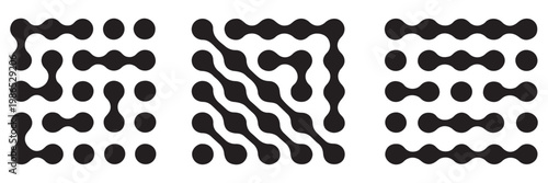 Connected liquid or nano dots pattern with vanishing effect. Disappearing organic amorphous shapes texture. Linked metaballs, molecules or cells transition background. Vector graphic illustration.