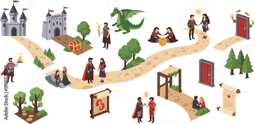Fantasy Adventure Map Elements Set with Castle Dragon Treasure Quest Characters and Medieval Path Cartoon Illustration Collection