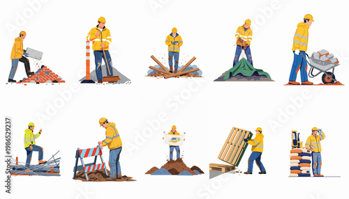 Flat illustration set of construction workers in high-visibility gear performing various site tasks including masonry, cleaning, planning, and manual labor.