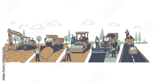 Heavy construction equipment on road site.