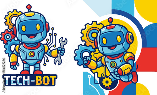 Two friendly tech-bots cartoon characters with cogwheels circuit patterns and vibrant geometric shapes perfect for technology themed designs