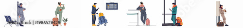 Flat vector illustration set of diverse people waiting in an airport terminal with luggage, suitcases, passports, and mobile devices during travel.