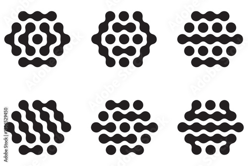 Connected liquid or nano dots pattern with vanishing effect. Disappearing organic amorphous shapes texture. Linked metaballs, molecules or cells transition background. Vector graphic illustration.