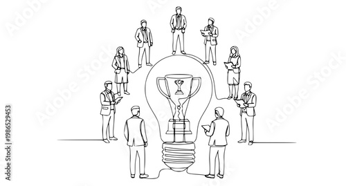 Continuous one line drawing business team holding light bulb with trophy filament vector illustration isolated on white background