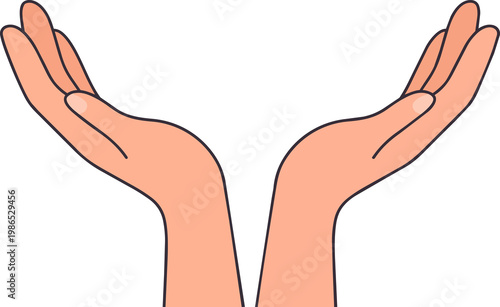 Two open hands reaching upward stylized illustration in light skin tone with simple outline on white background ready for graphic design