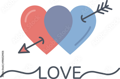 Two interconnected hearts pierced by an arrow rendered in a flat vector style against a black backdrop symbolizes love and connection