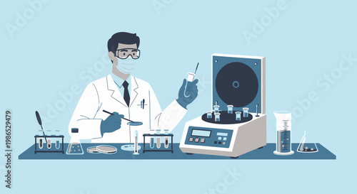 Scientist in lab coat working.